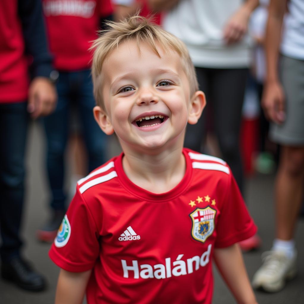 A young fan excitedly wearing an Erling Haaland shirt