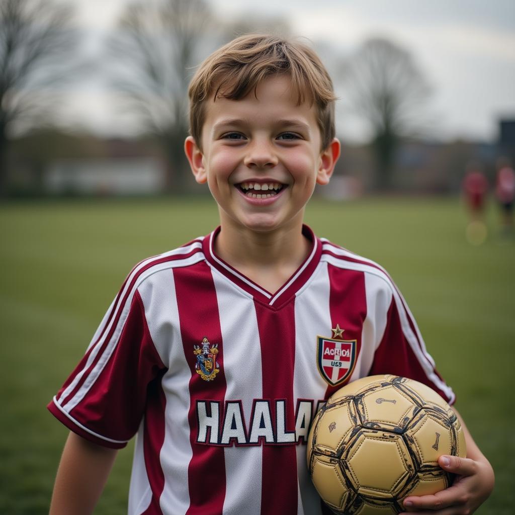 A young fan proudly wearing an Erling Haaland Manchester City jersey