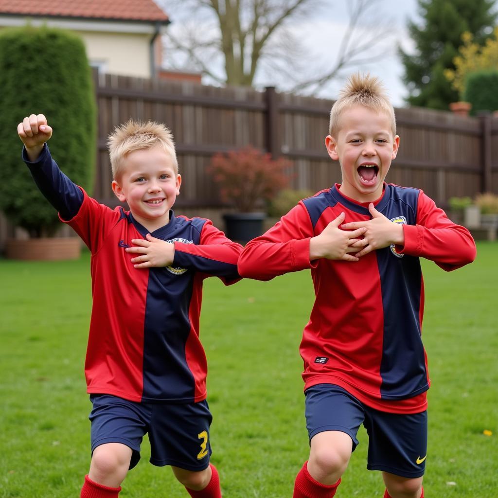 Two young football fans mimicking Haaland's meditation celebration