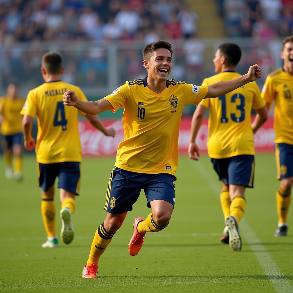 Young football player passionately celebrates a goal with teammates