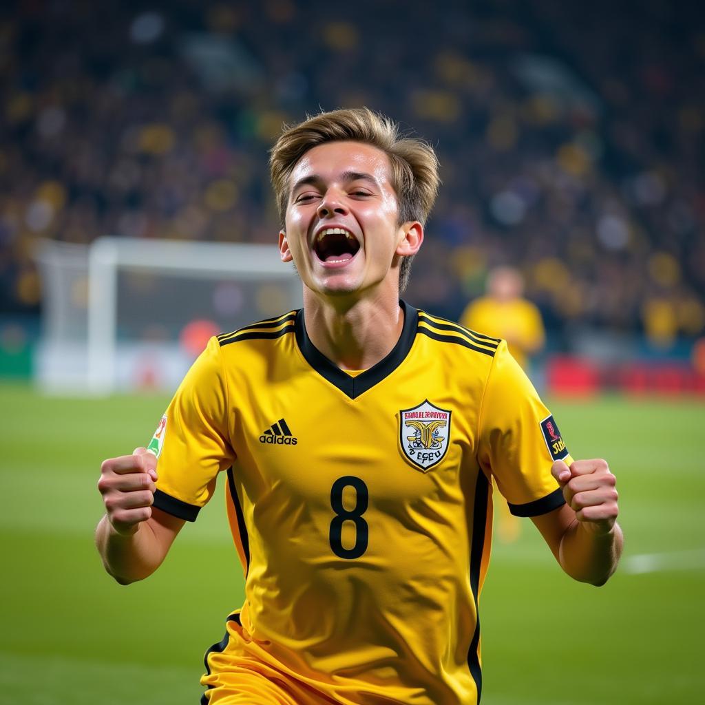 Young football player celebrates a crucial goal with unrestrained joy