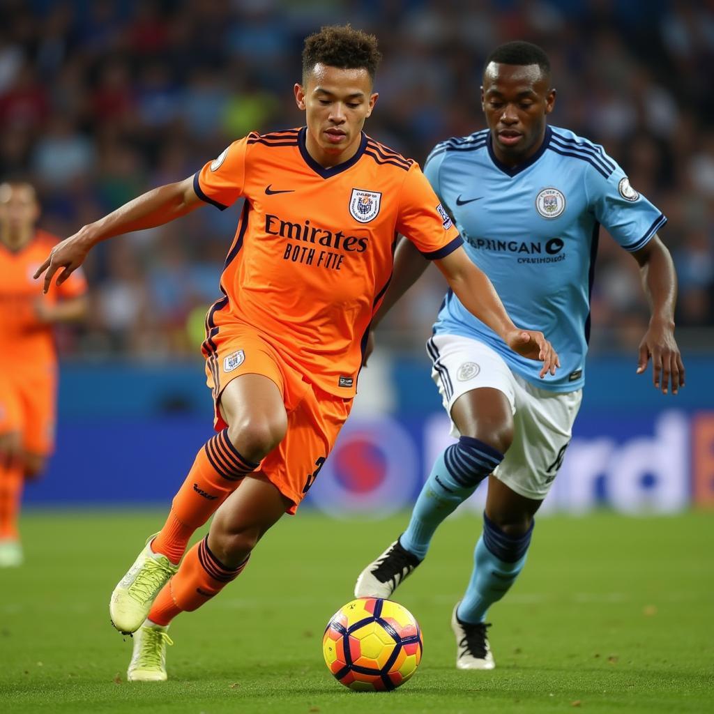 Young football player dribbling past opponent