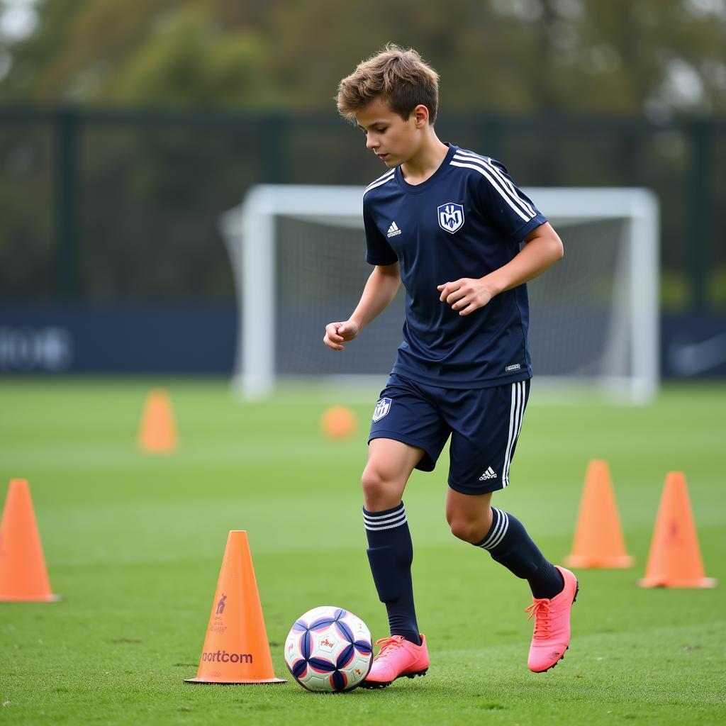 Young football player training on the field