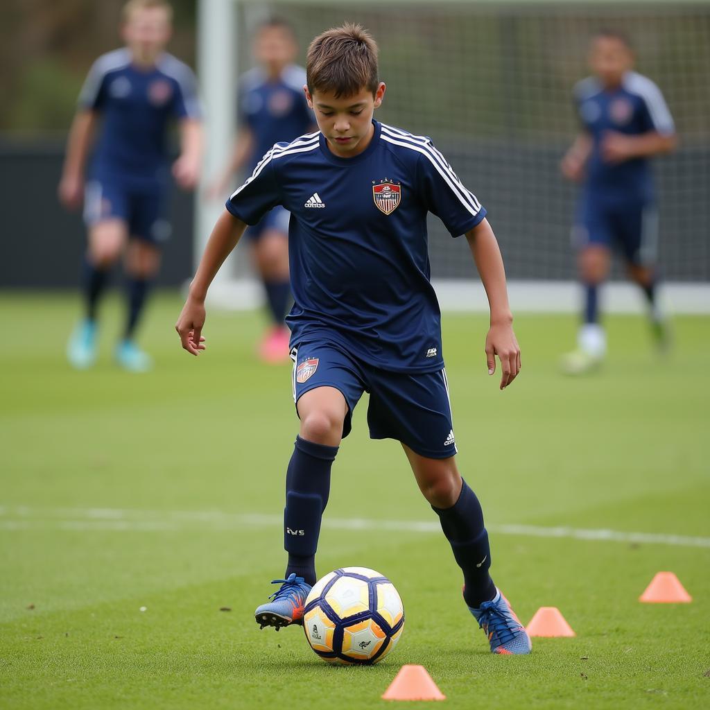 Young football player training intensely