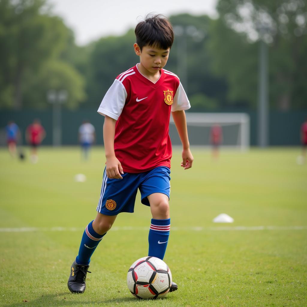 Young athlete practicing football