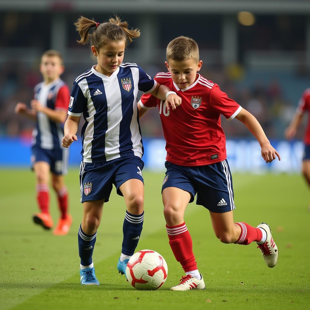 Young football players competing in a match