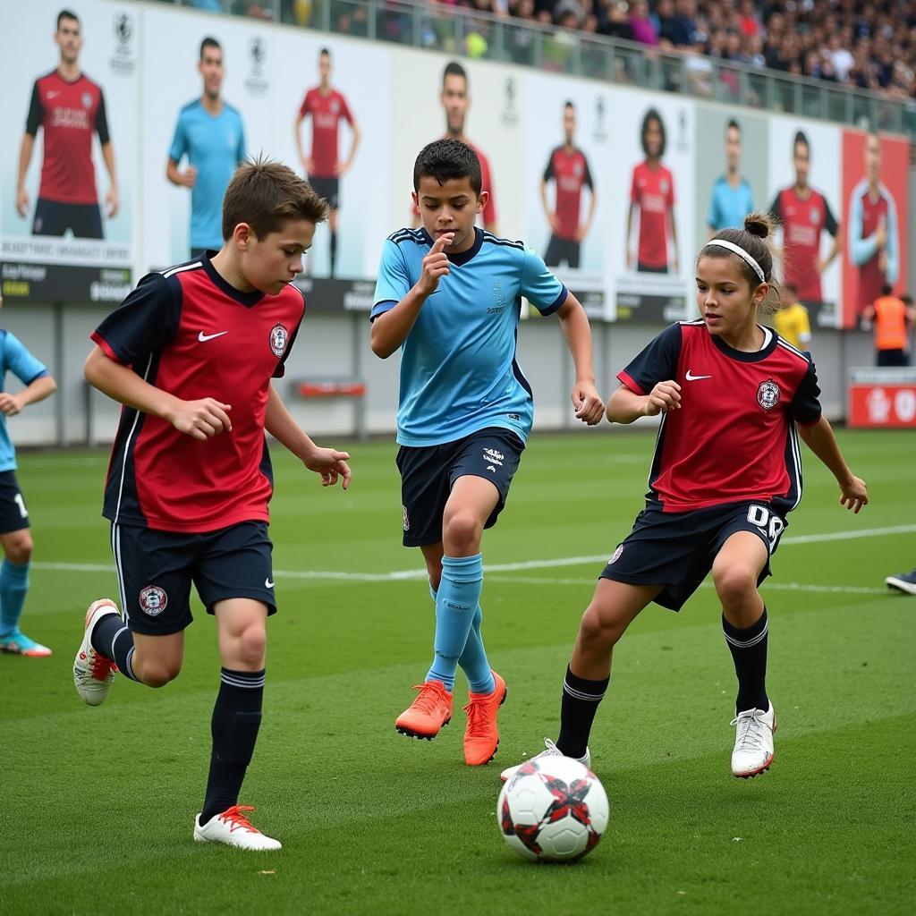 Young football players training on a field, inspired by Cristiano Ronaldo