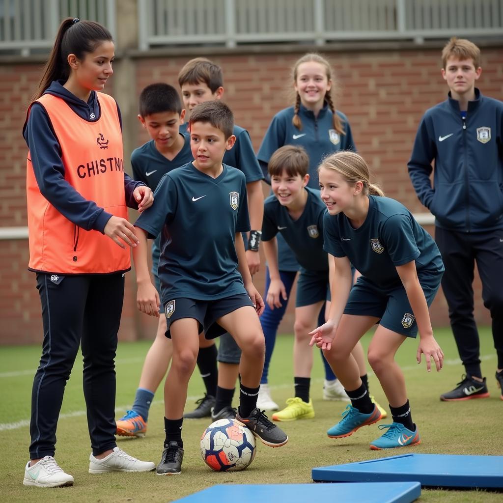 Young football players training diligently on the field