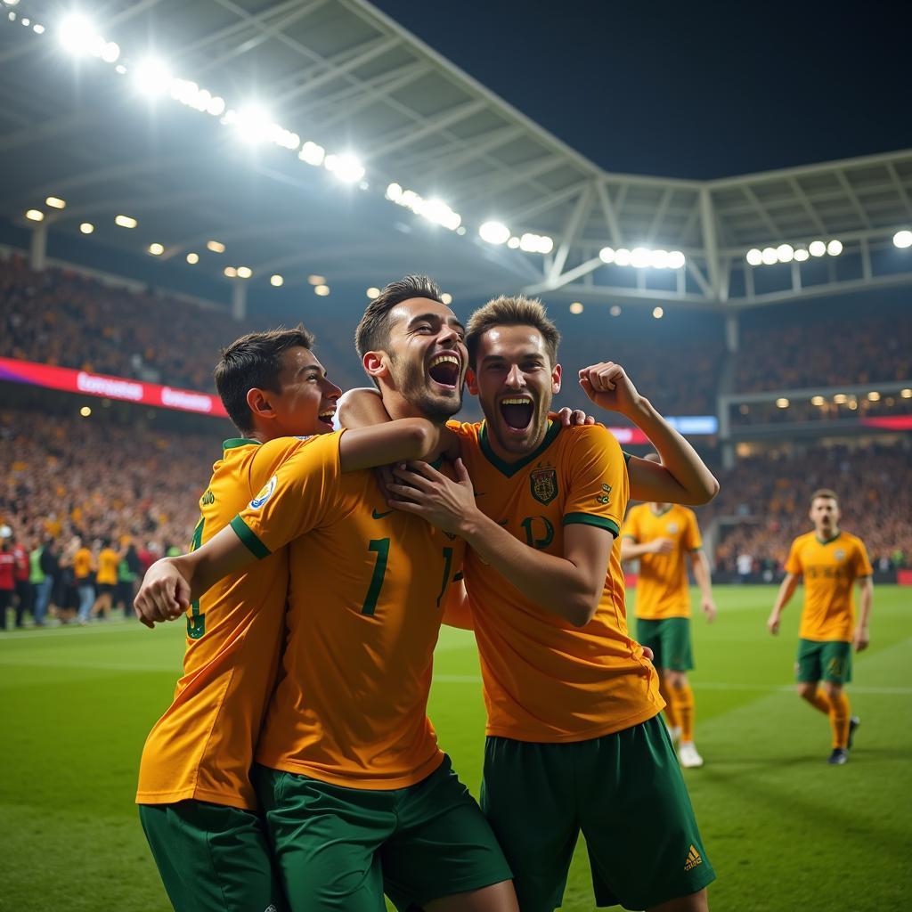 A young footballer celebrates a crucial goal with his teammates, showcasing the joy and camaraderie in the sport