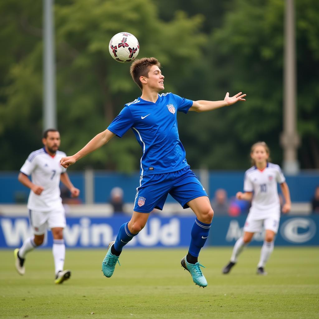 Young footballer leaps high to head the ball during a youth tournament.