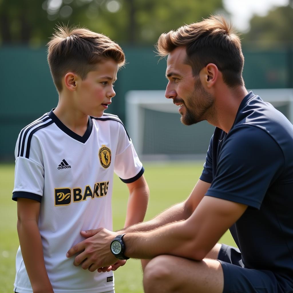 A young footballer receiving coaching and guidance