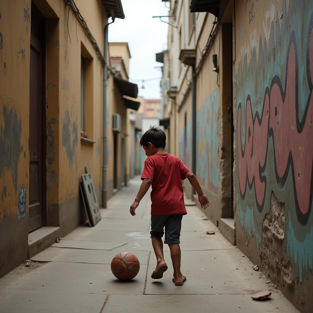 Young Vietnamese footballer practicing in an alleyway