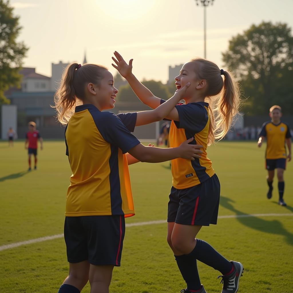 Young Footballers celebrating a goal in Episode 5