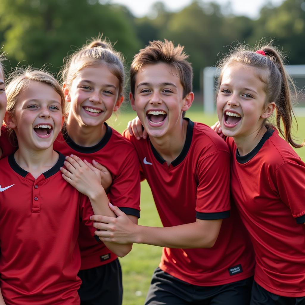 Young footballers celebrating a goal with joy and excitement.