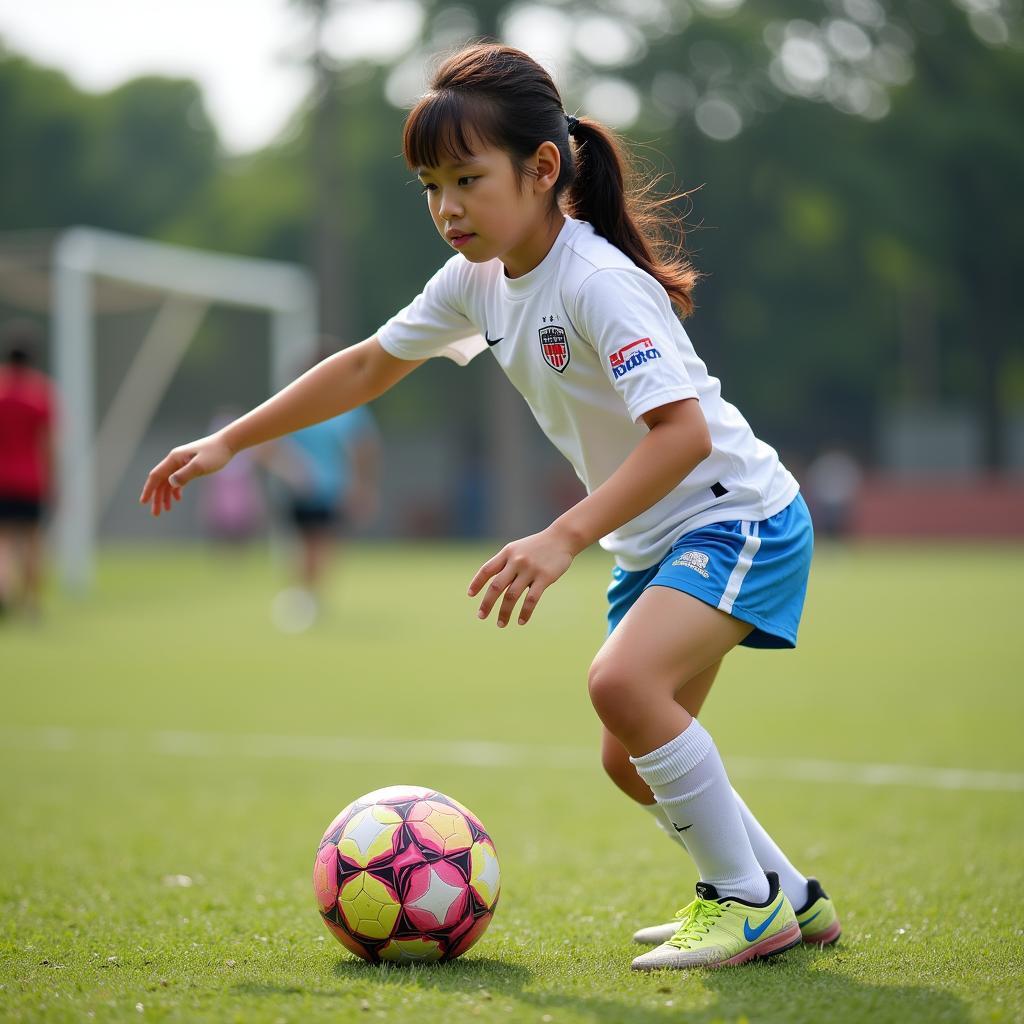 Young girl from Quang Nam practices football with a determined look