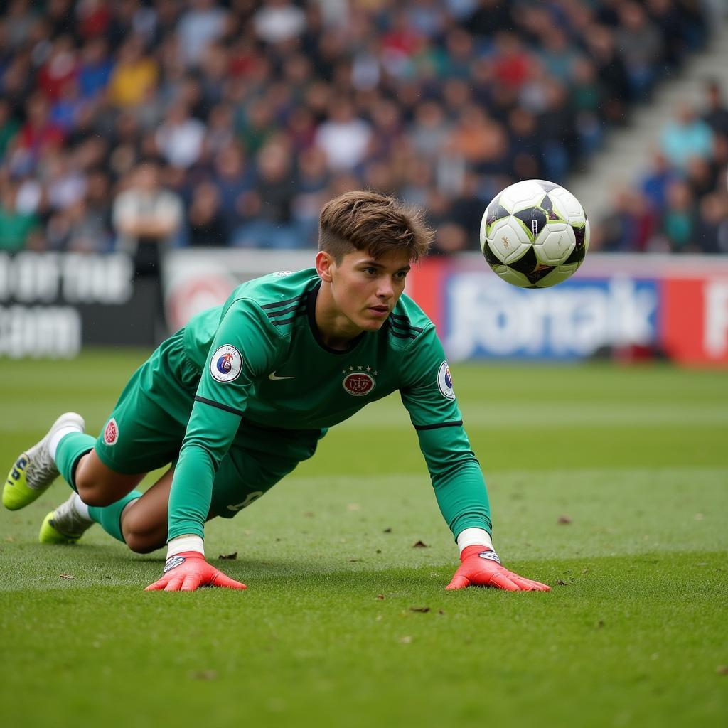 A Young Goalkeeper Making a Dramatic Save in a 2018 Match