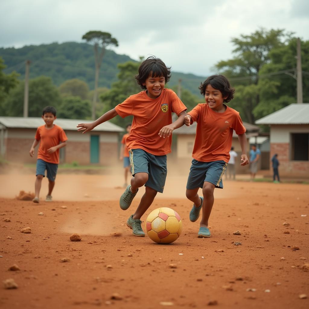 Young Honduran footballers training on a dusty pitch