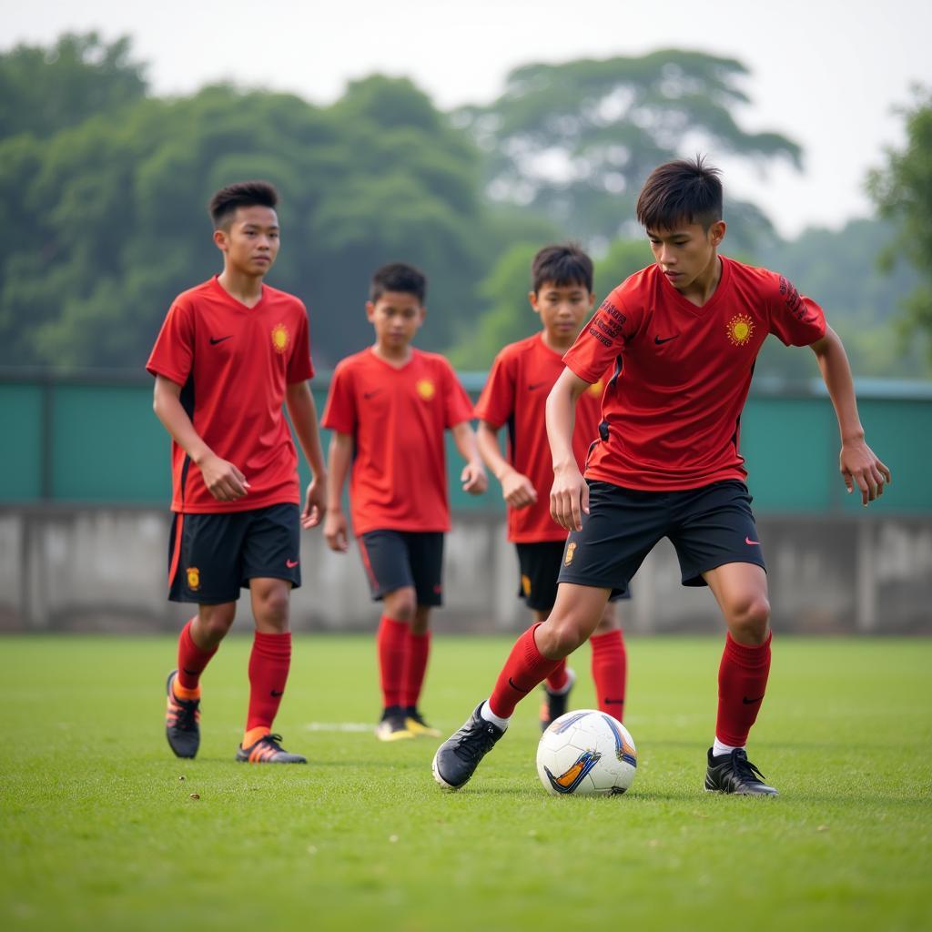 Young Myanmar footballers during training session