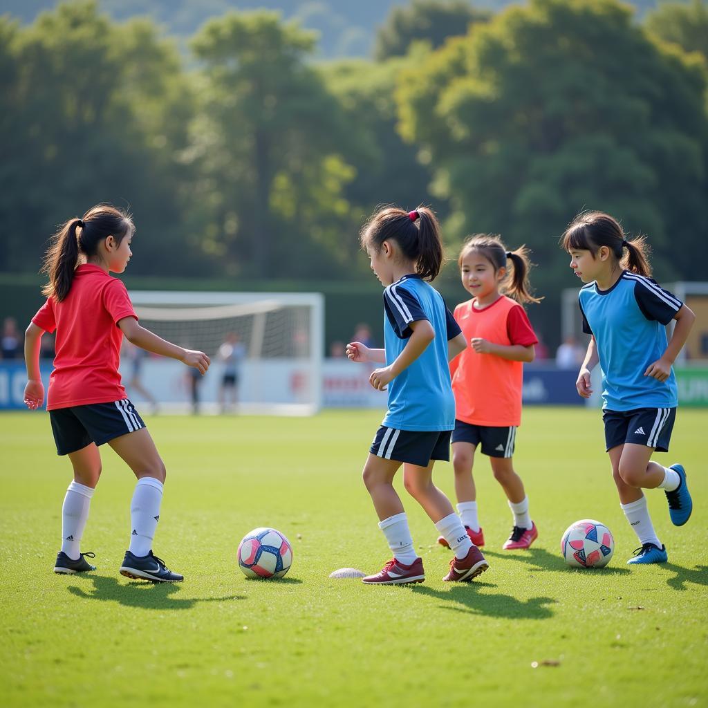 Young girls practicing soccer in South Korea