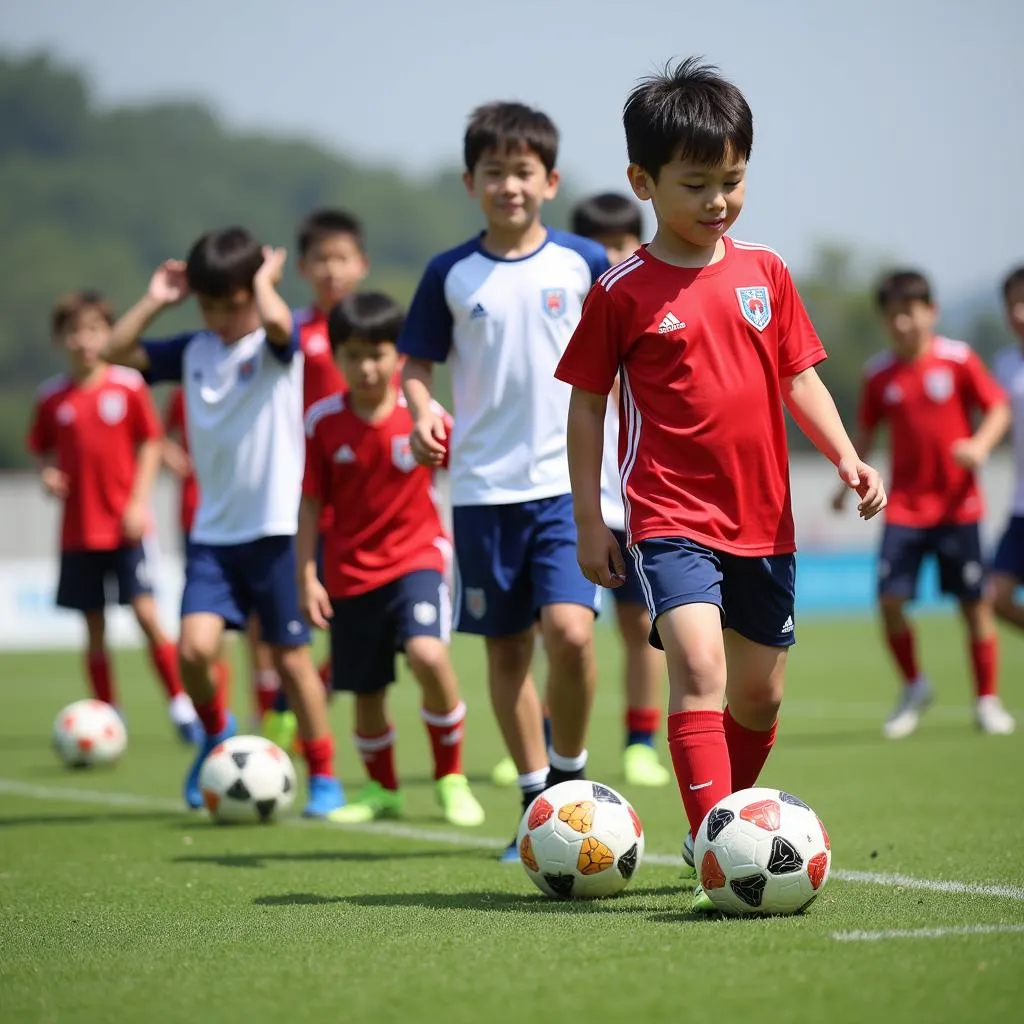 Young South Korean footballers training.