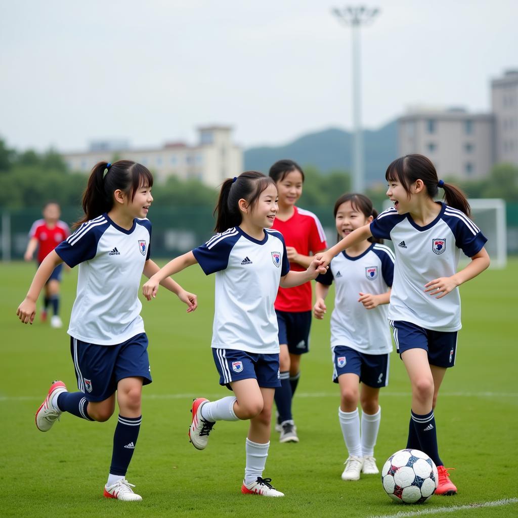 Young South Korean girls enthusiastically participating in a soccer training session