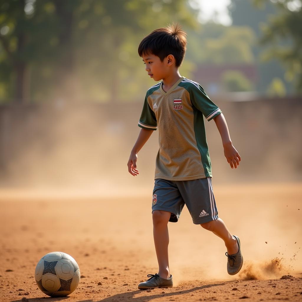 A young Thai footballer practices his skills.