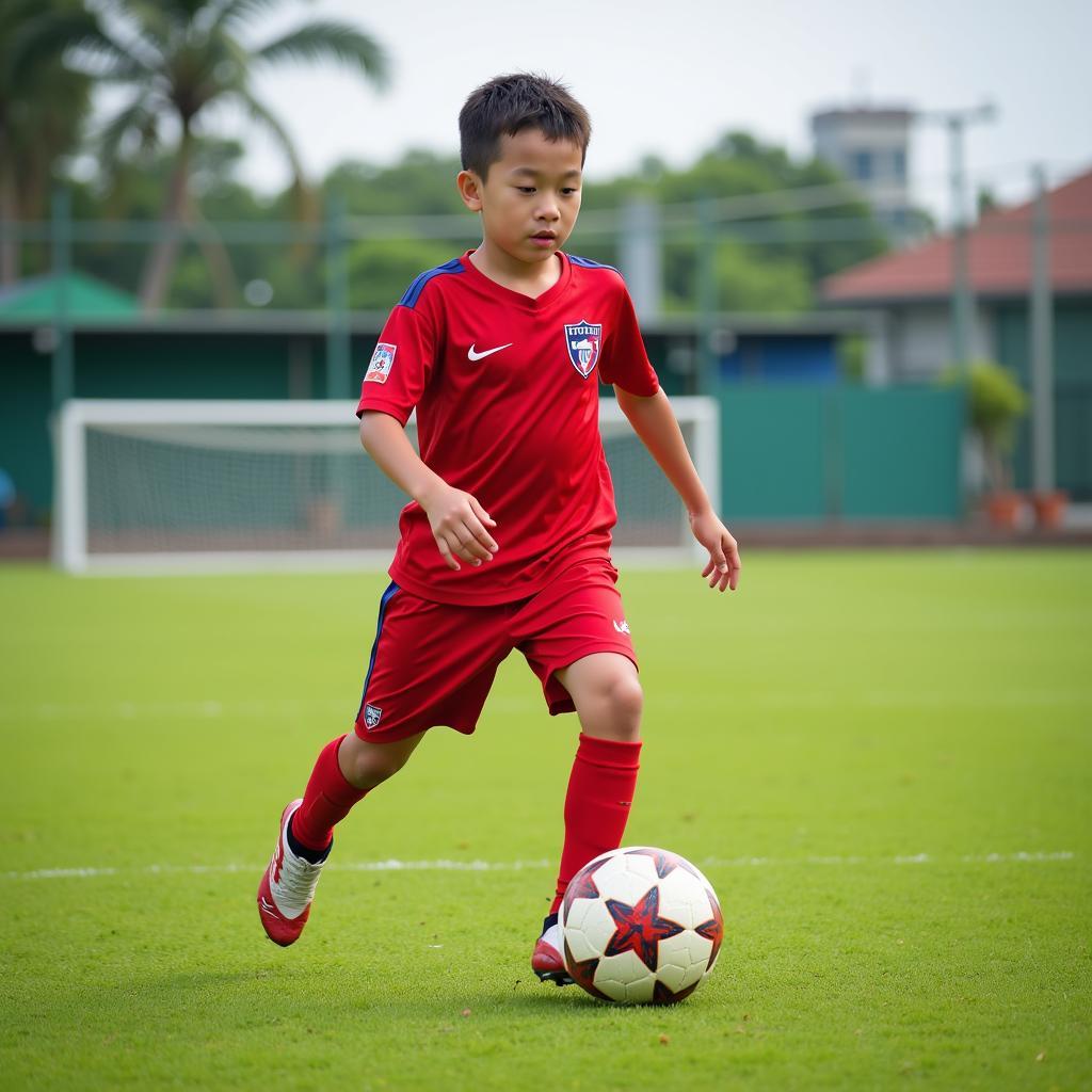 Young Thai footballer practicing in an academy