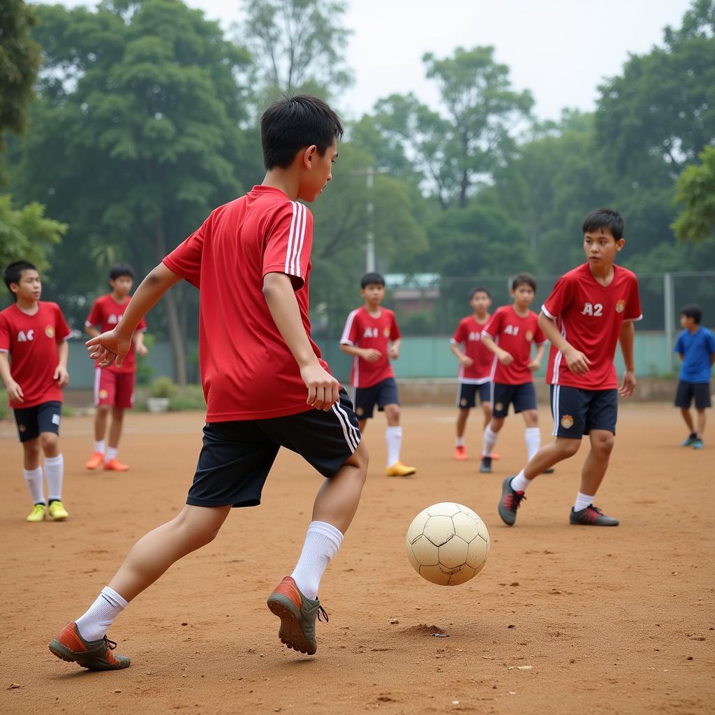 Young Vietnamese football team training with limited resources