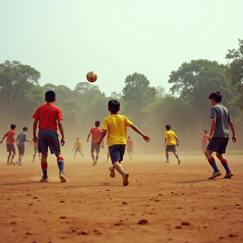 A group of young Vietnamese footballers practice on a dusty field.