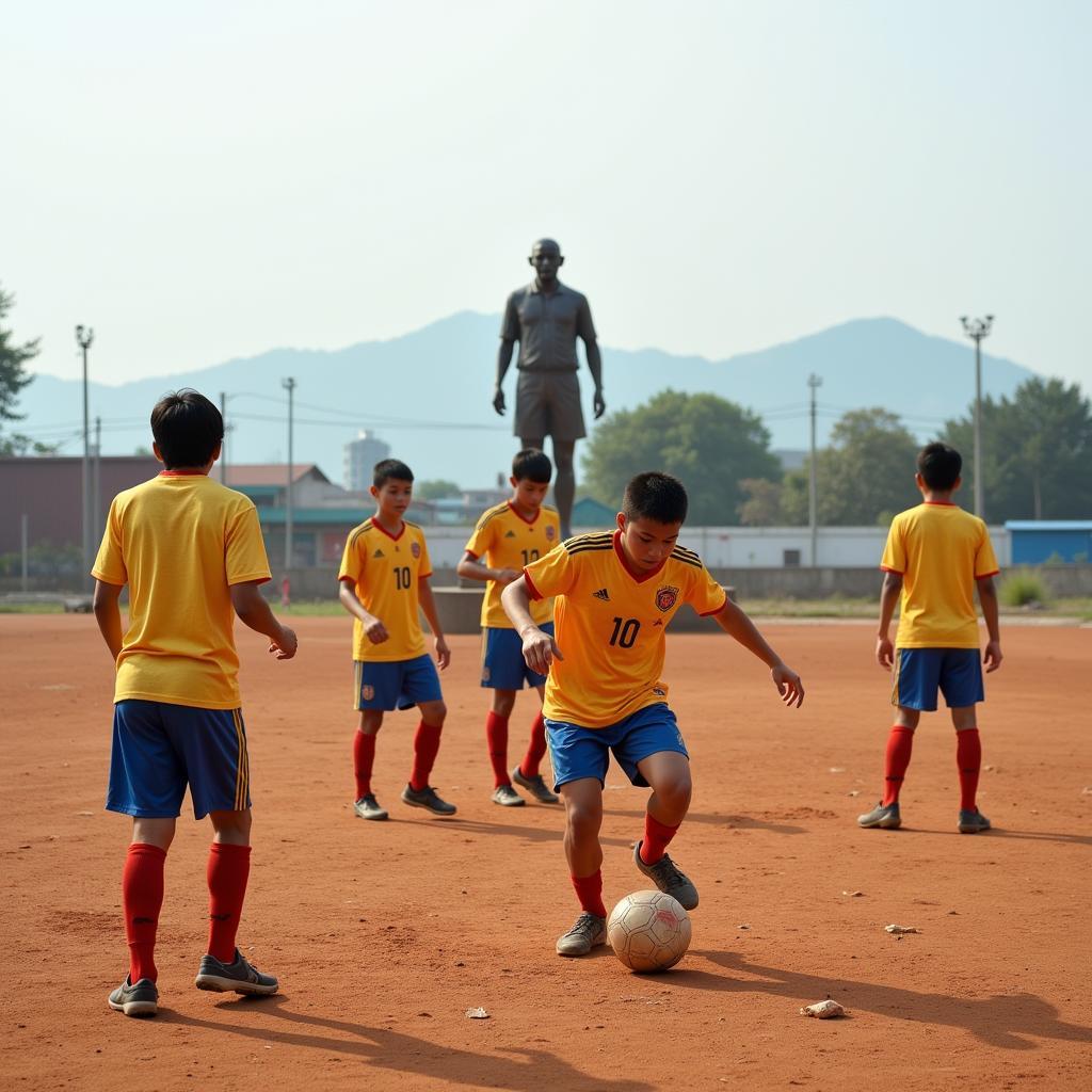 Young Vietnamese footballers training near a statue