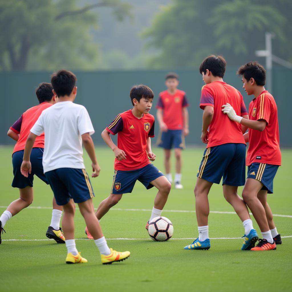 Aspiring young Vietnamese footballers training at a modern academy