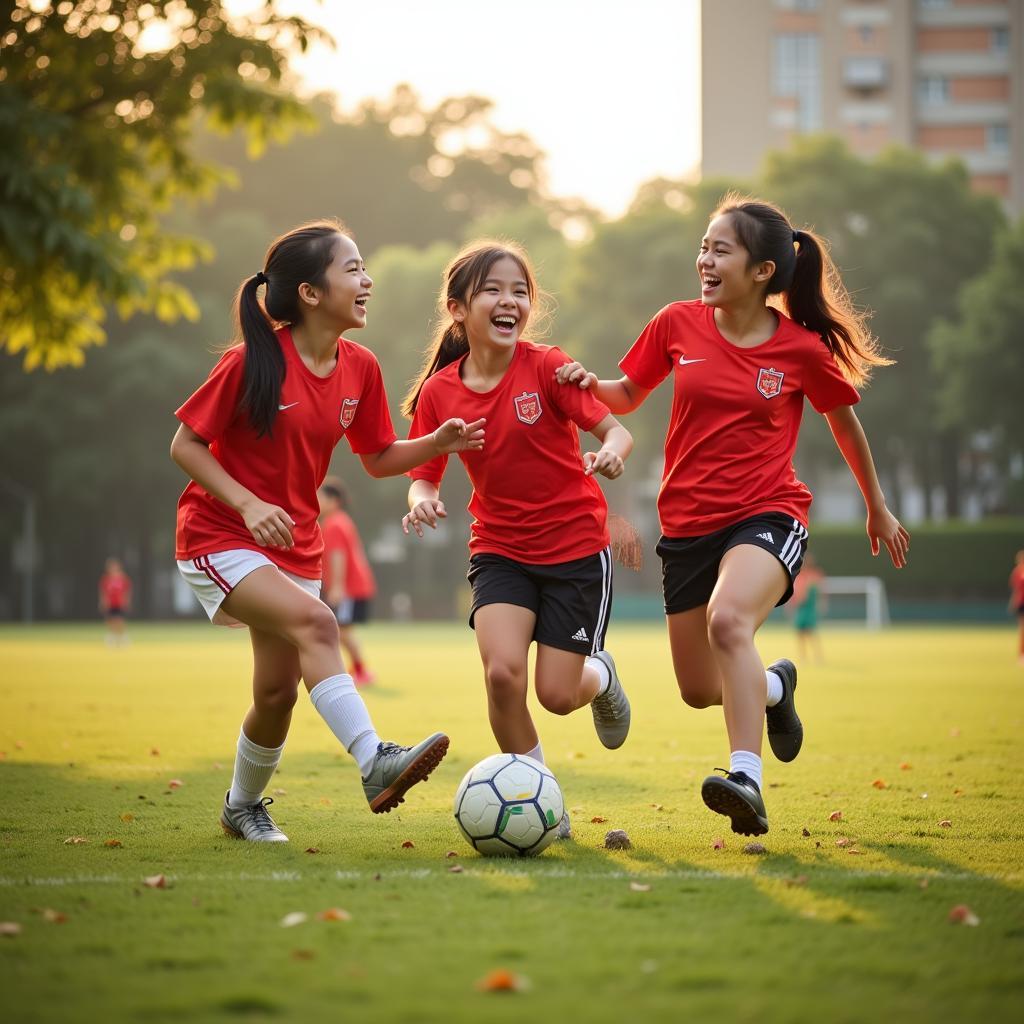 Young Vietnamese girls enjoying a game of football