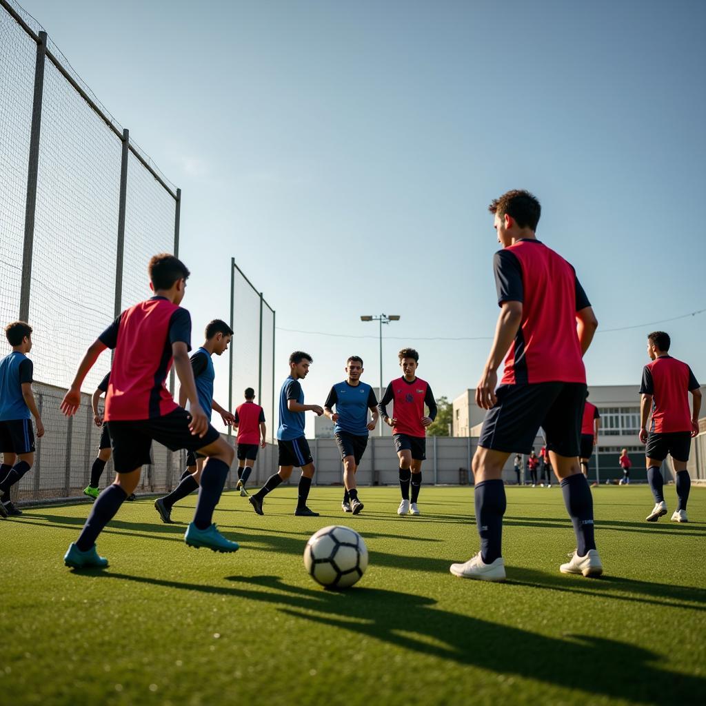 Intense training session at a professional football academy.