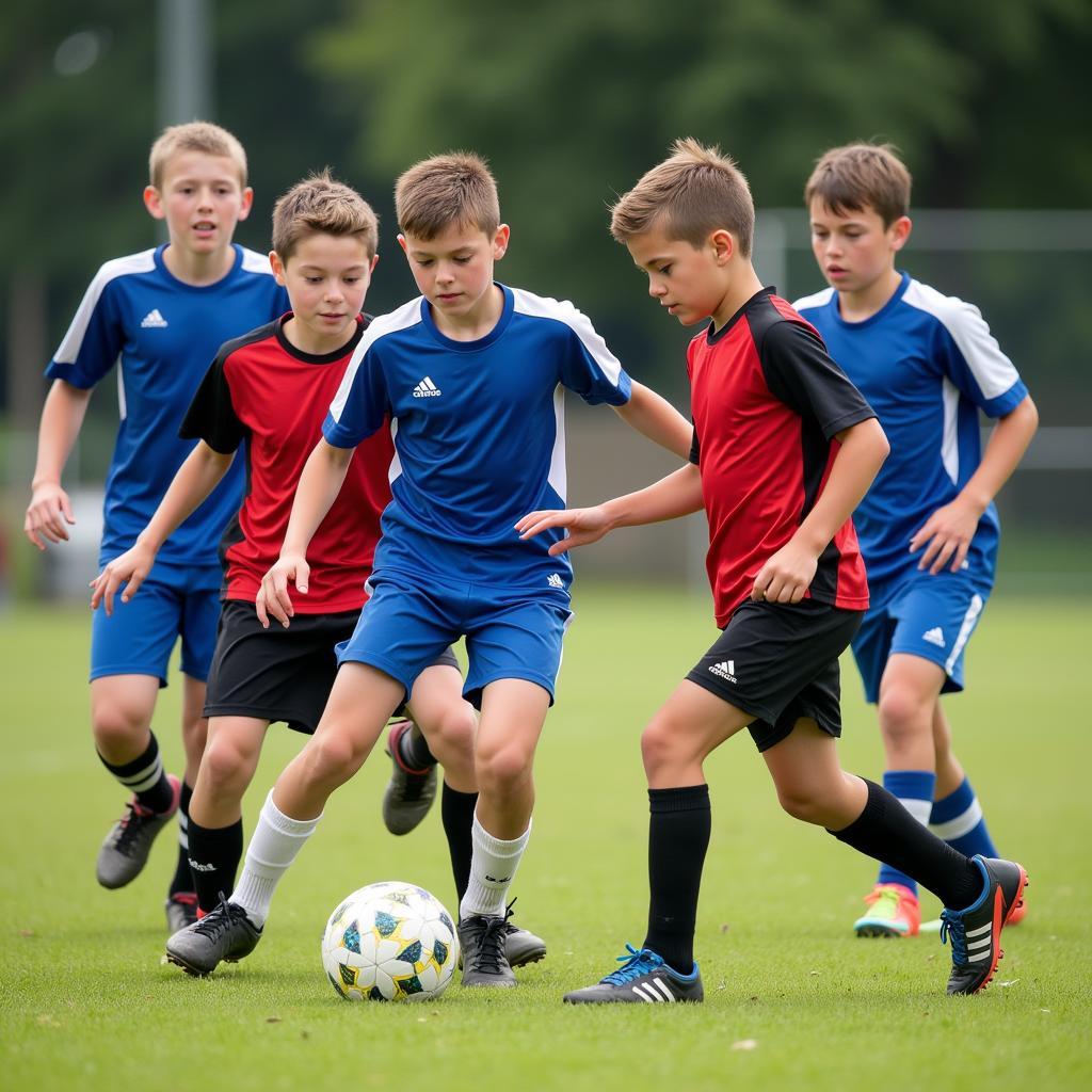 A thrilling moment captured during a competitive youth football match