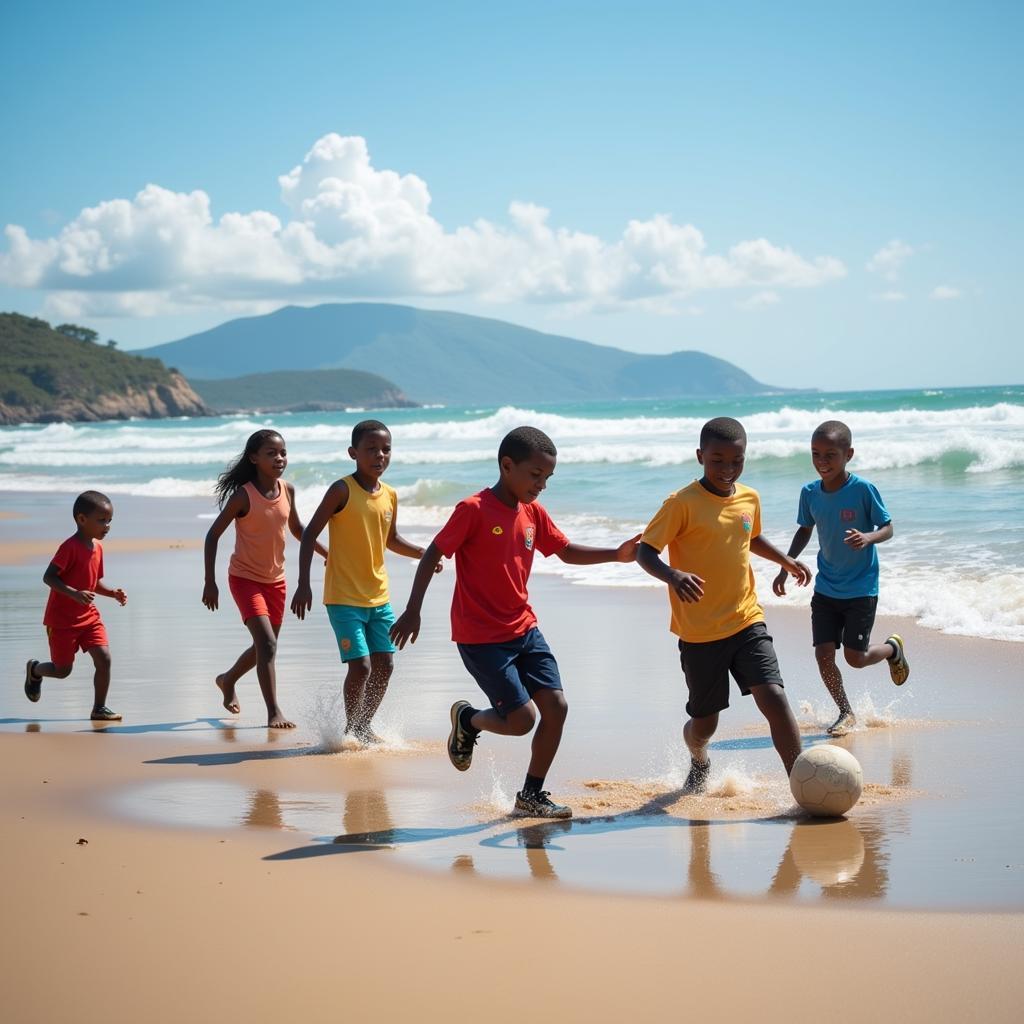 Young Football Enthusiasts Training on a Beach in an Ocean Nation