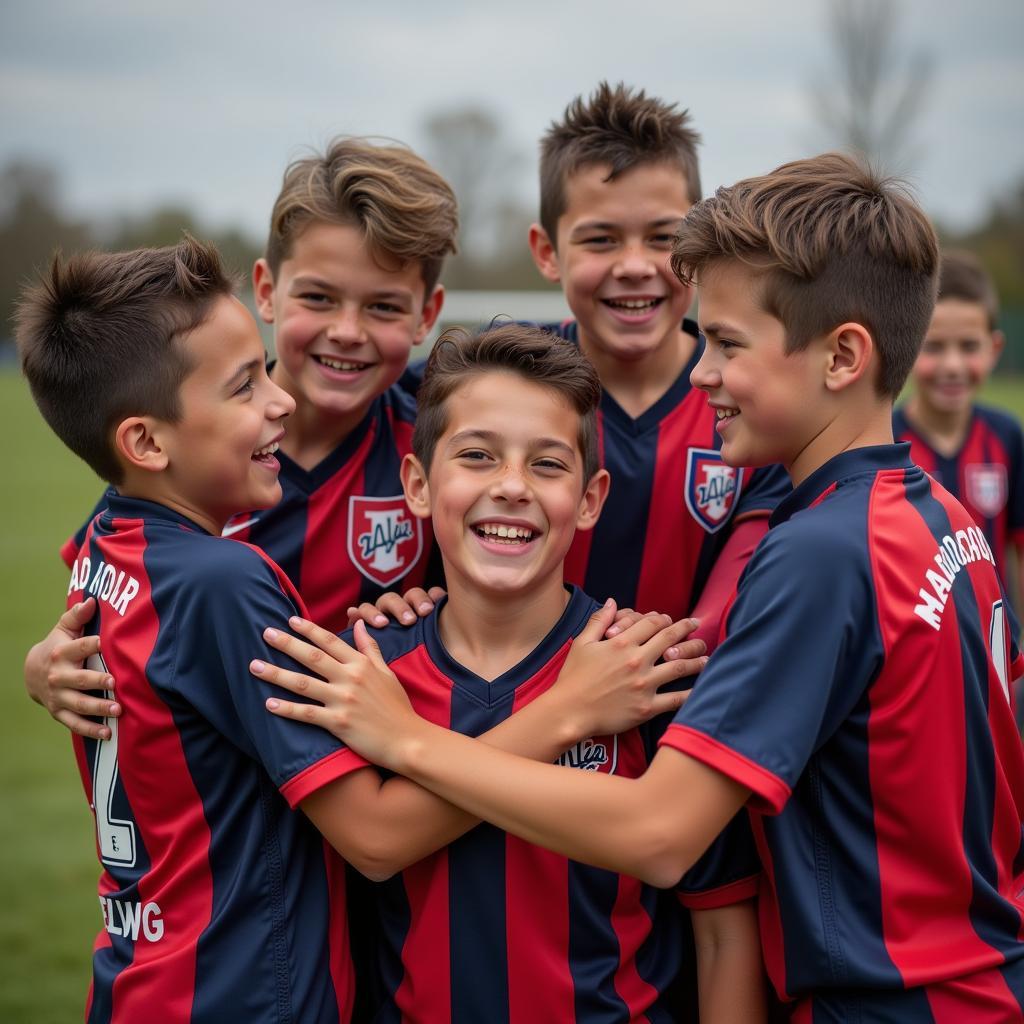 A youth football team celebrates a victory.