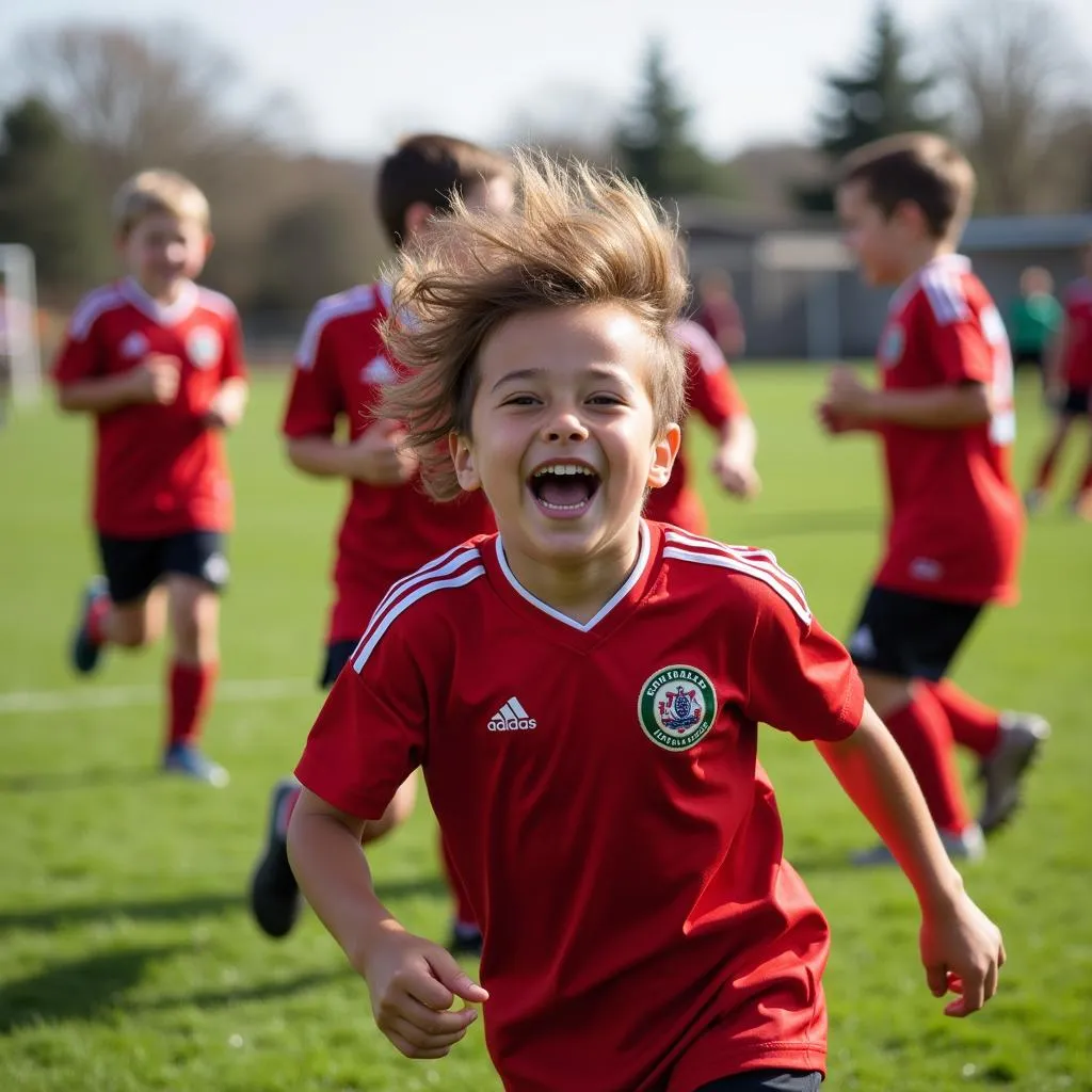 Young soccer players celebrating a goal in 2014