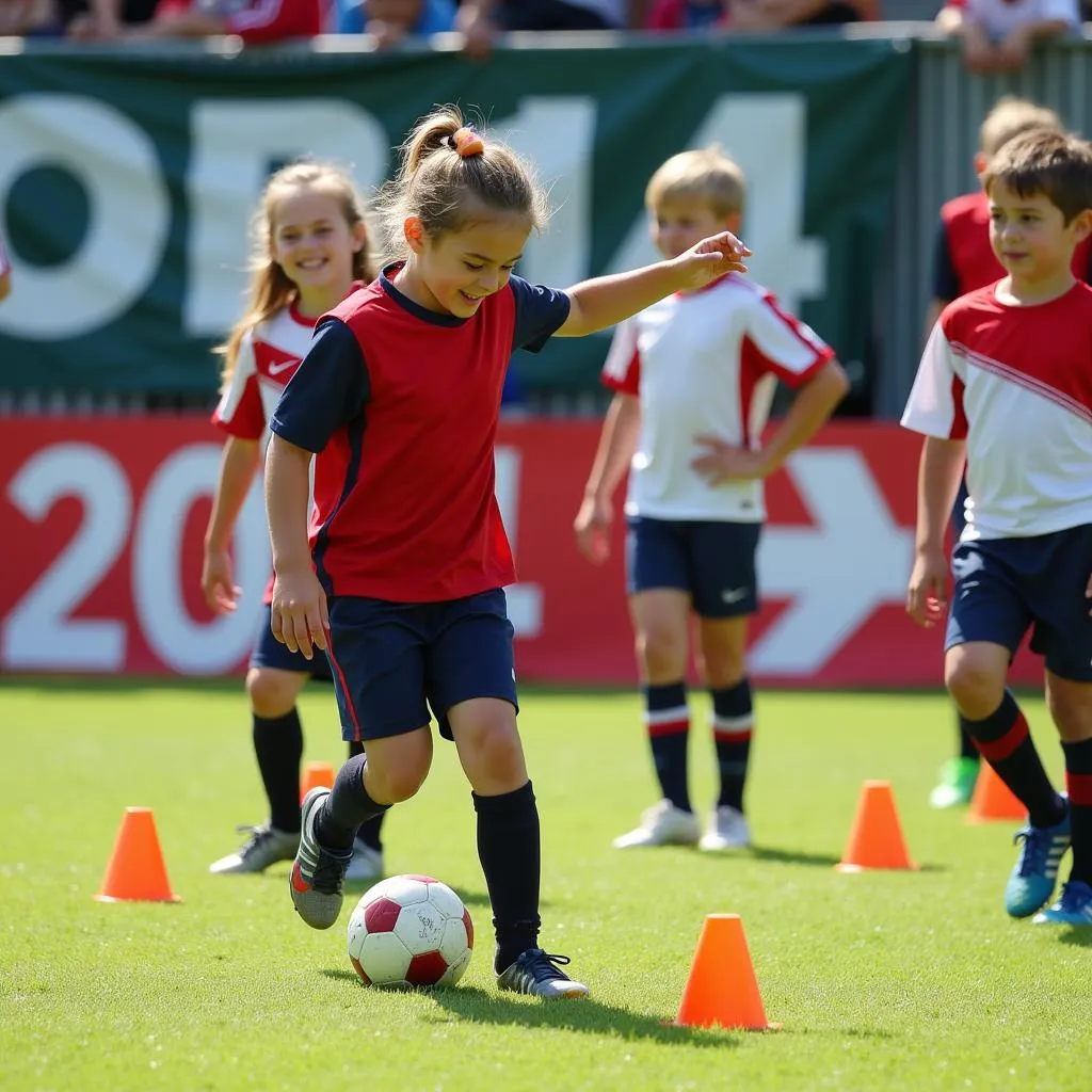 Youth soccer players practicing dribbling drills in 2014