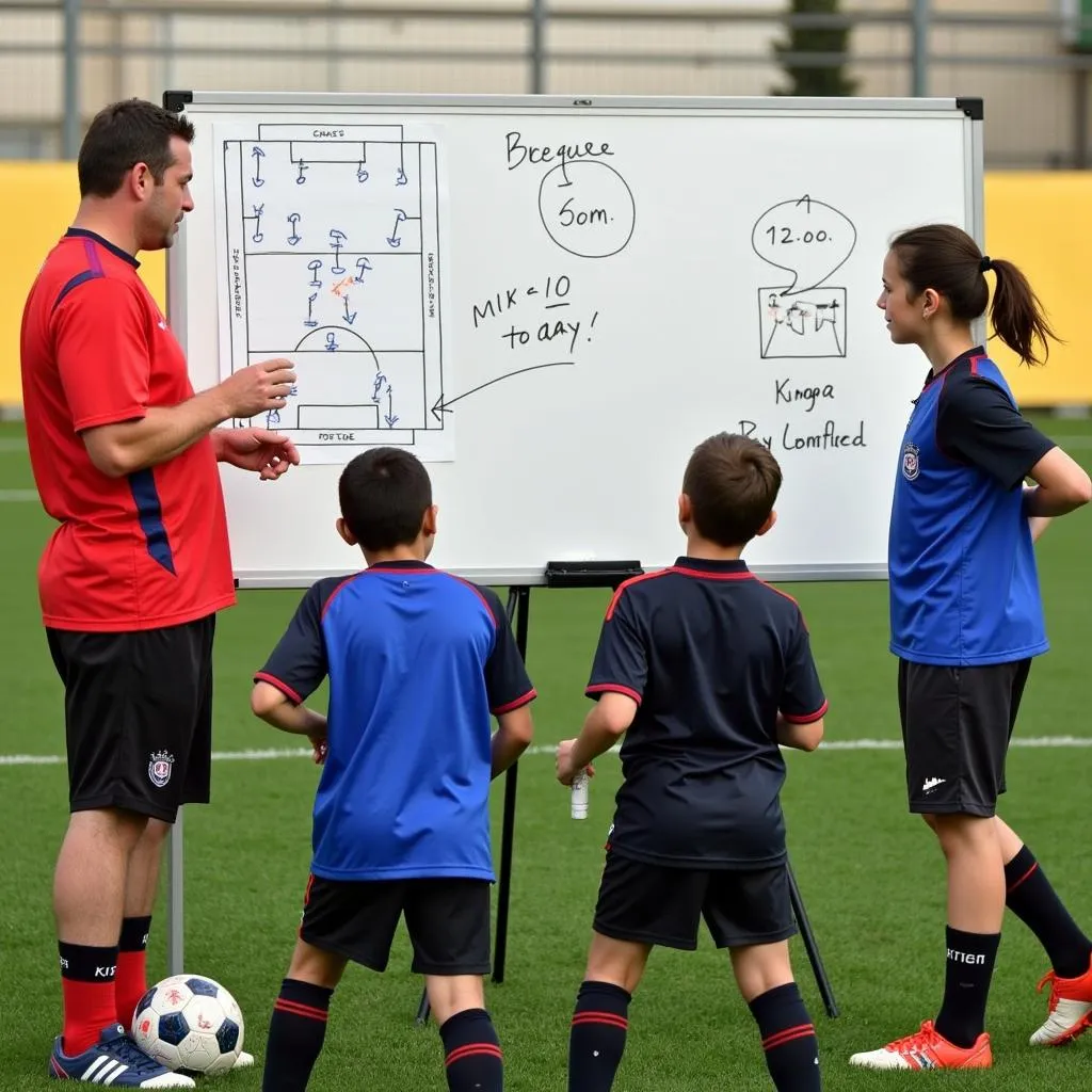 A coach explaining soccer tactics to young players in 2014