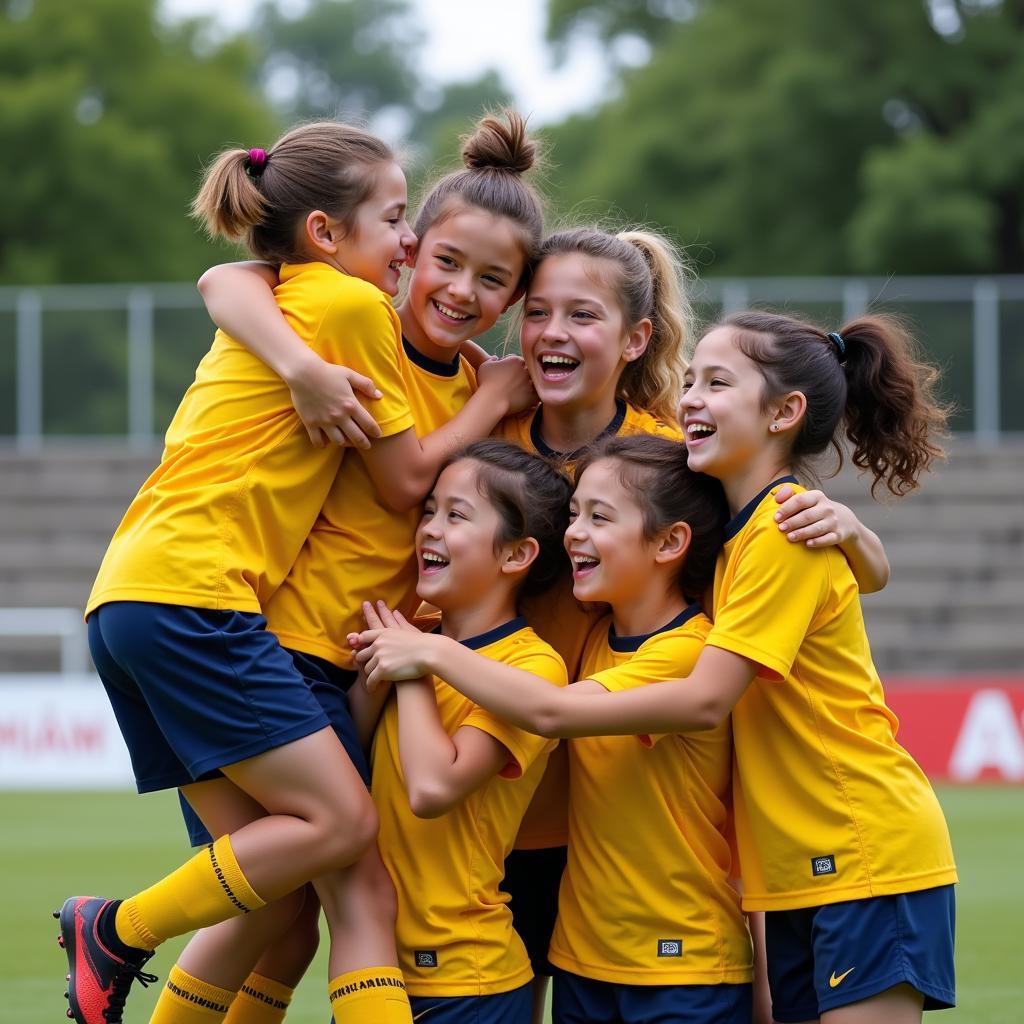 Youth soccer team celebrating a goal