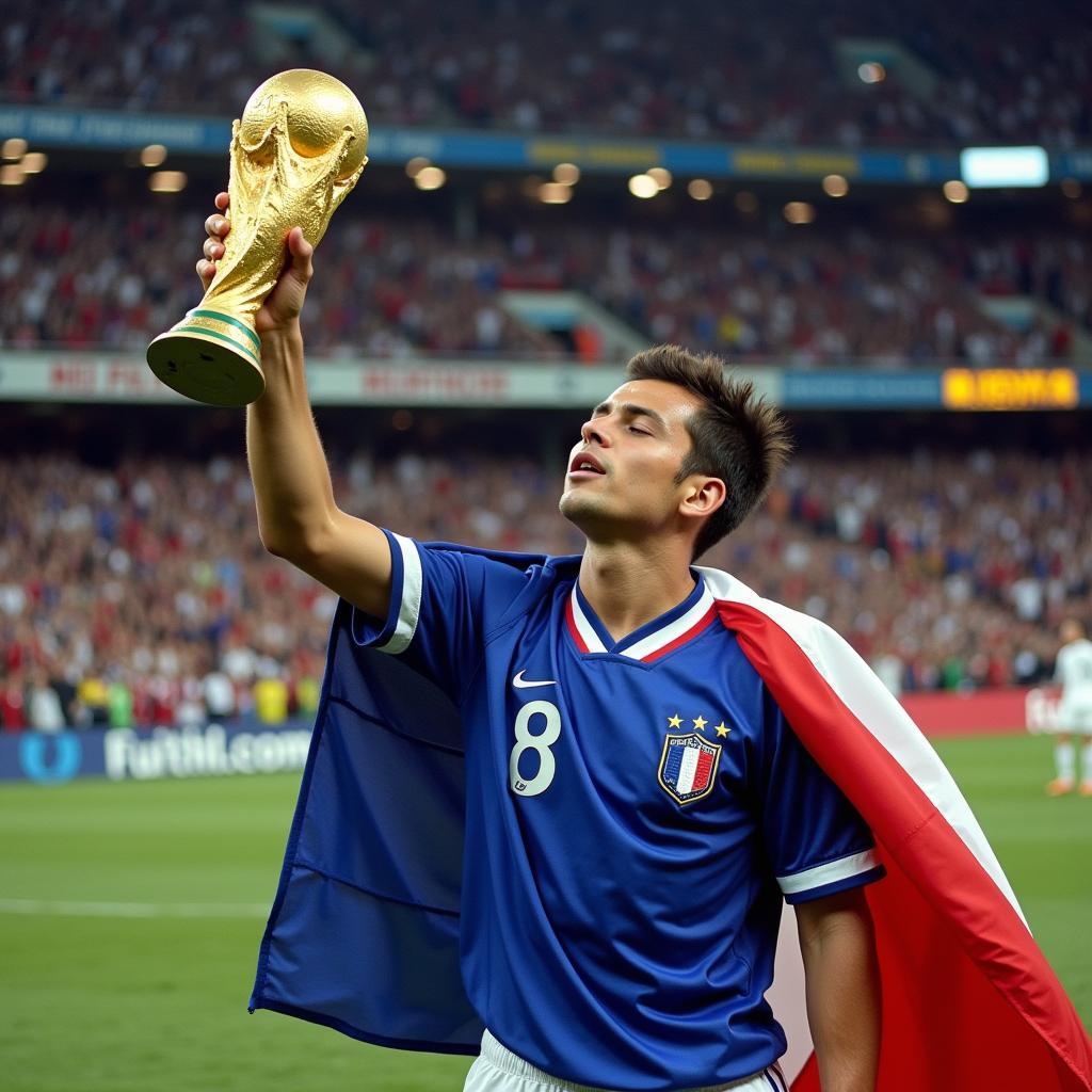 Zinedine Zidane celebrating with the World Cup trophy