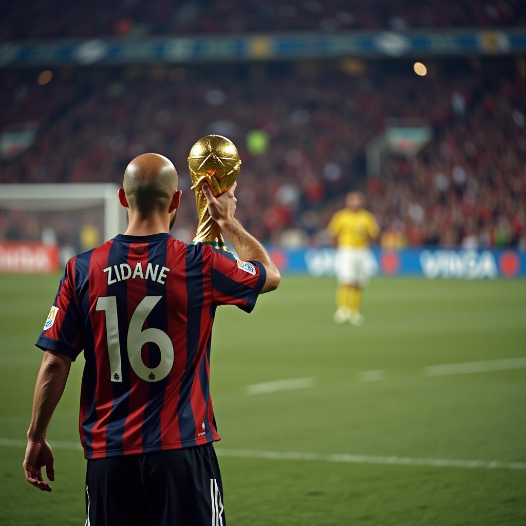 Zidane walks past the World Cup trophy