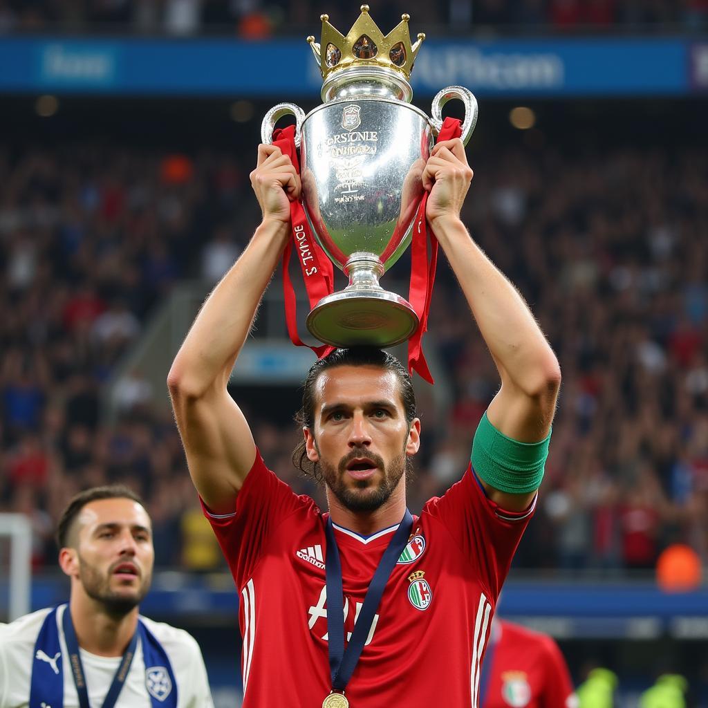 Zlatan Ibrahimovic holds the Serie A trophy aloft.