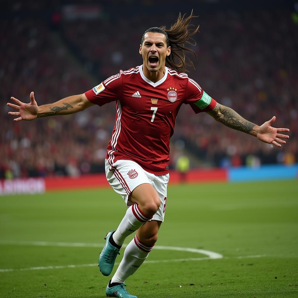 Zlatan Ibrahimović celebrates a goal with his signature intensity and charisma, highlighting his larger-than-life personality and impact on the field.