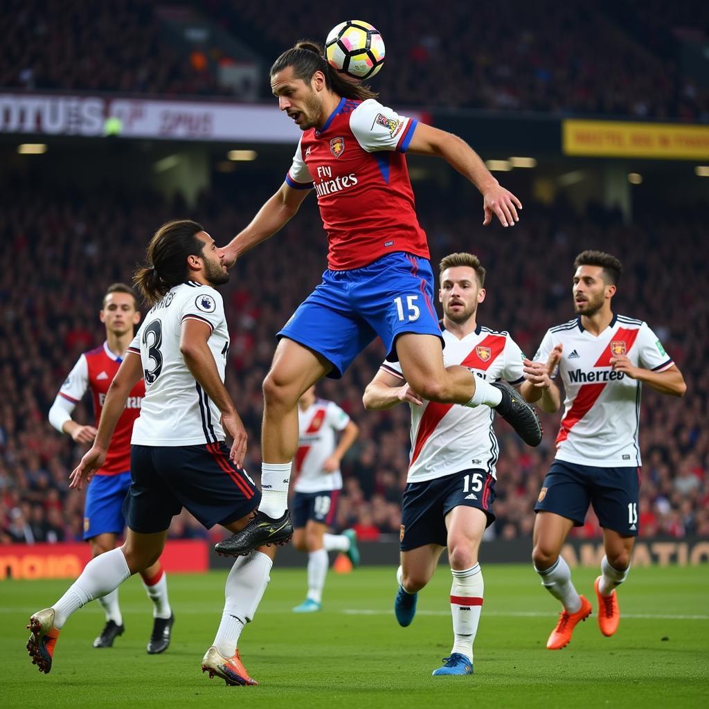 Zlatan Ibrahimović jumping high to head the ball during a match