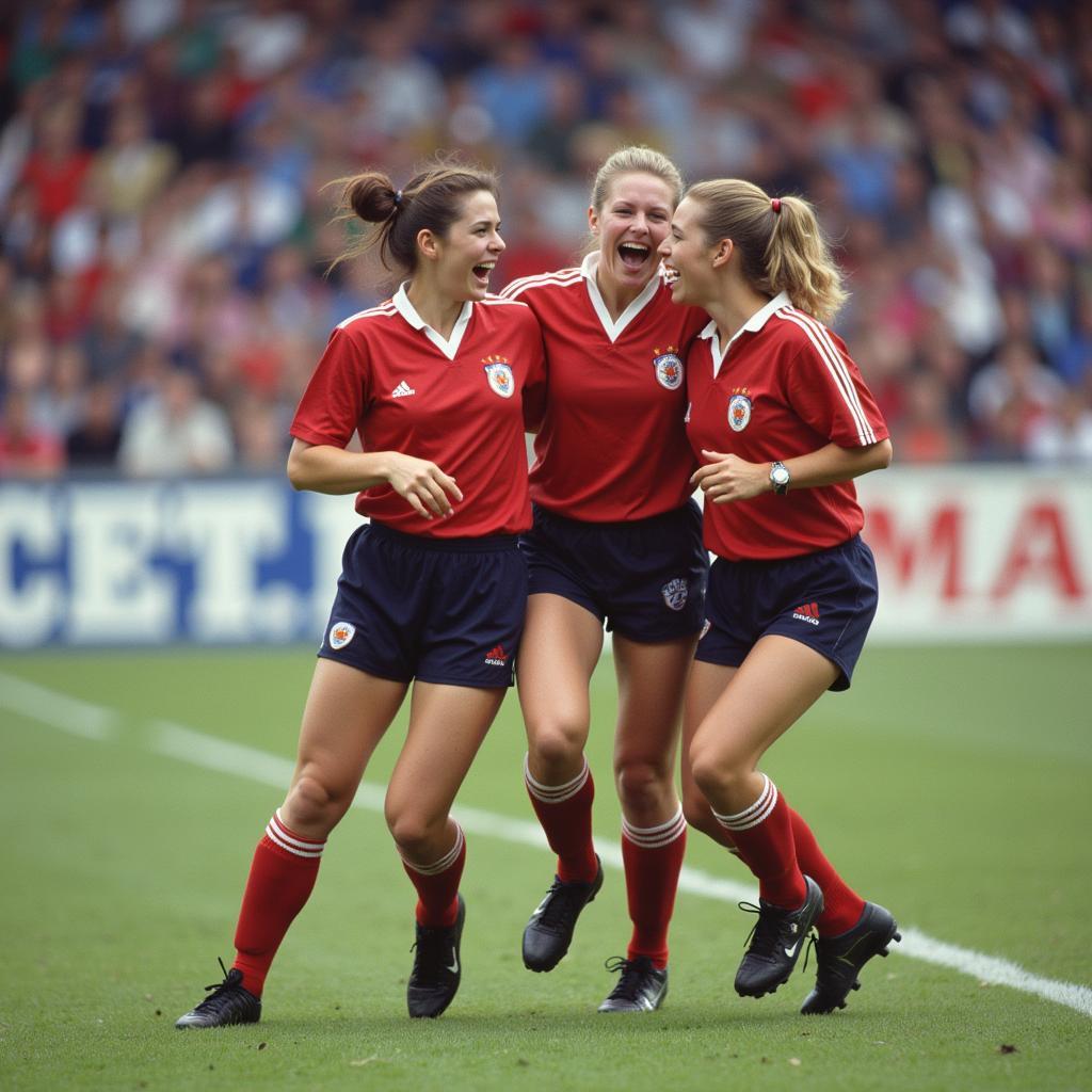 Female football players celebrating a goal in 1984