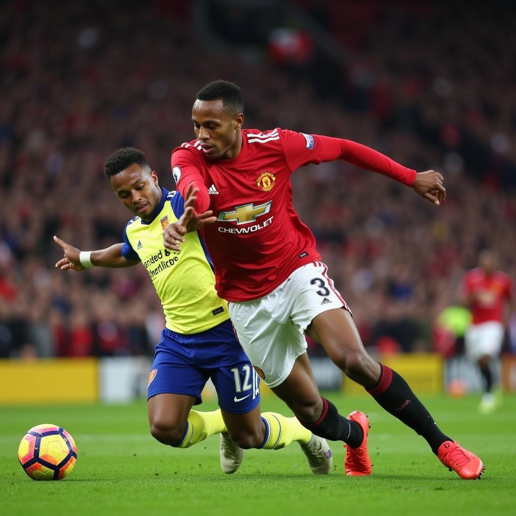 Aaron Wan-Bissaka executing a perfectly timed tackle against a Premier League opponent while playing for Manchester United.