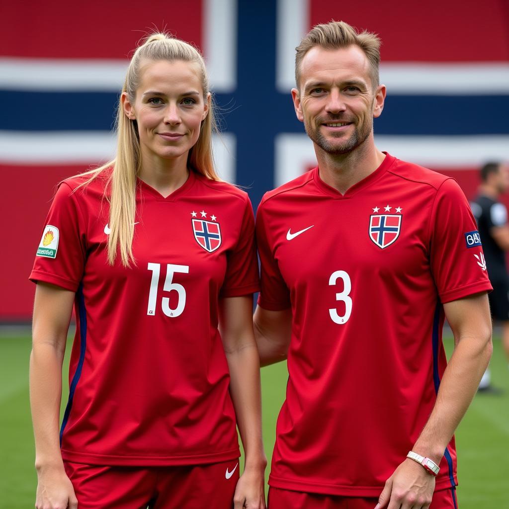 Ada Hegerberg and Erling Haaland, two prominent figures in Norwegian football, stand side-by-side in their national team jerseys.