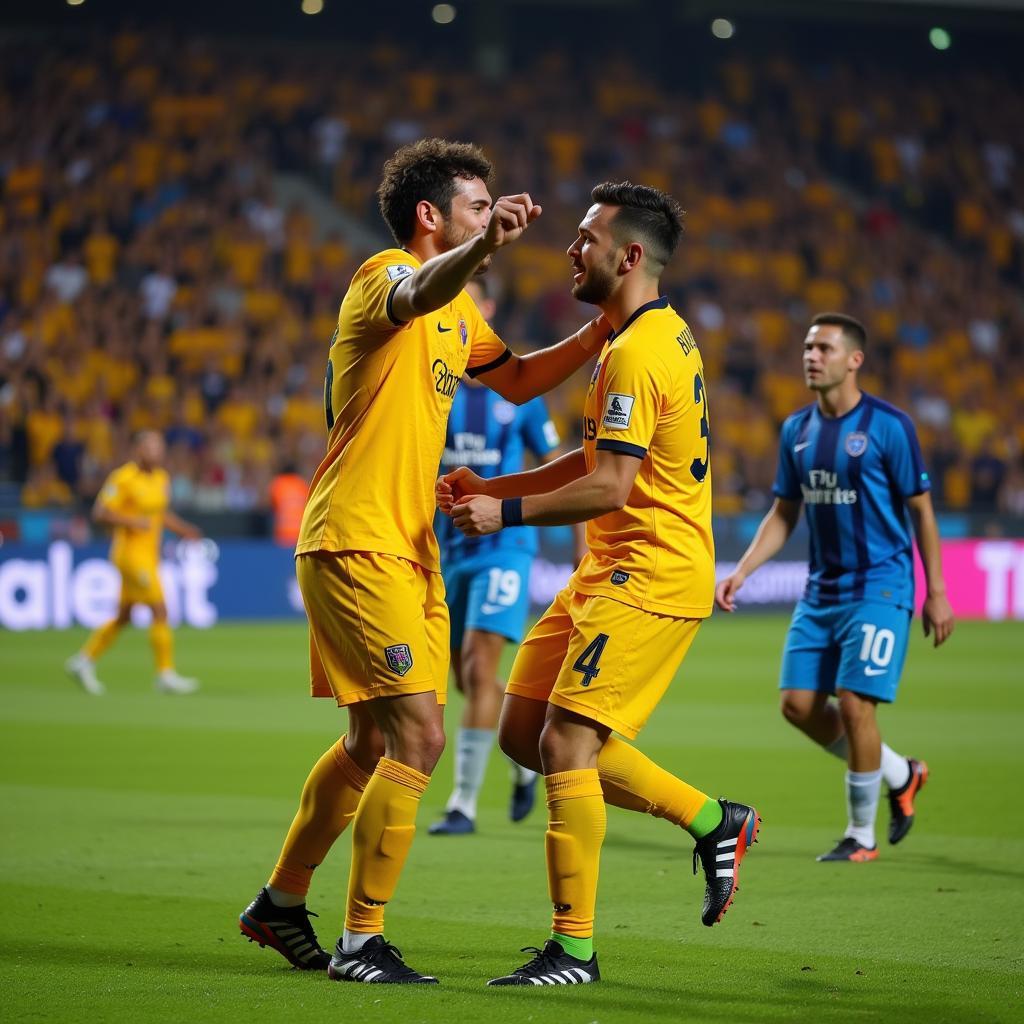 Alex Busin celebrating a goal with teammates, demonstrating team spirit and camaraderie.