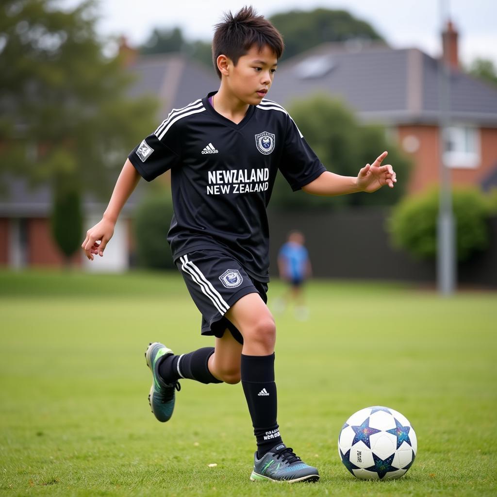 Alex Dang playing football in his youth in New Zealand